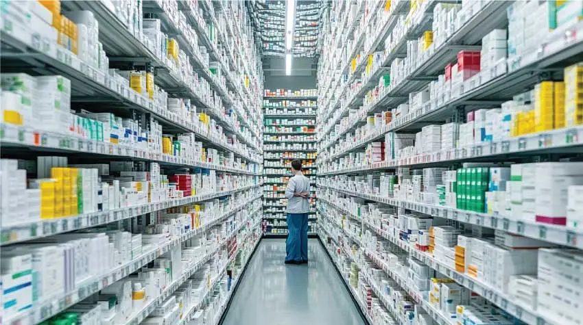 Warehouse inventory management with organized shelves and worker in distribution center by Sphere Global
